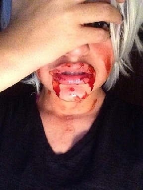 Mya in 2015, testing bloody-mouth makeup for Kaneki Ken from Tokyo Ghoul